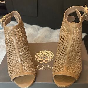 Vince Camuto Woven Tan Peep-Toe Ankle Booties with Ankle Strap